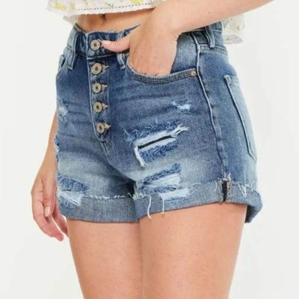KanCan Button Fly High Rise Cuffed Distressed Shorts Blue M